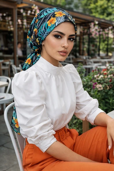 Yeşil Siyah Yaprak Desen Eşarp Bone ürün görseli 1