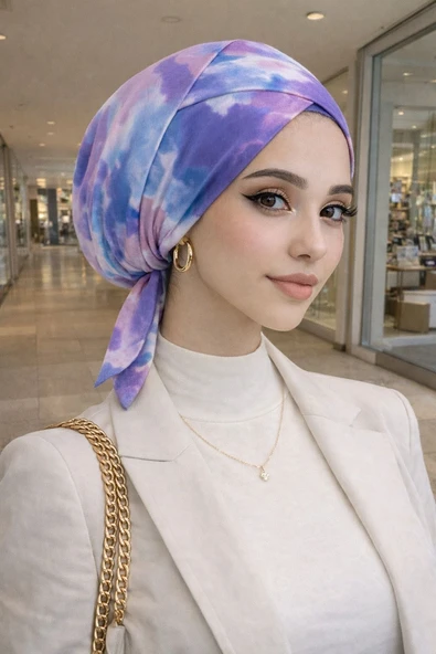 Lila Beyaz Batik Çapraz Bantlı Bone - Resim 2