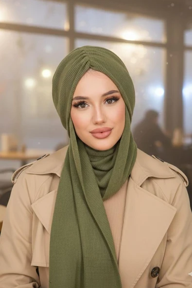 Haki Triko Kelebek Model Büzgülü Bone Şal ürün görseli 1