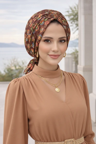 Kahve Çıtır Çiçek Desen Tokalı Bone - Resim 3