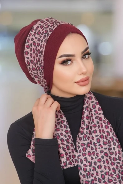 Bordo Leopar Desen Fularlı Bone - Resim 2