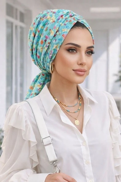 Turkuaz Çiçek Desen Tokalı Bone - Resim 2
