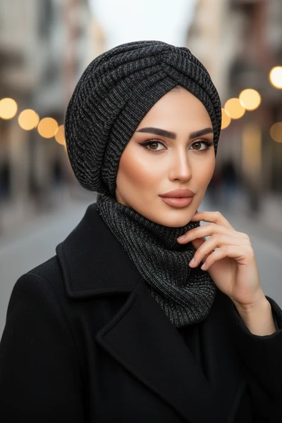 Siyah Gümüş Kışlık Burgu Bone Ve Etol Takım ürün görseli 1