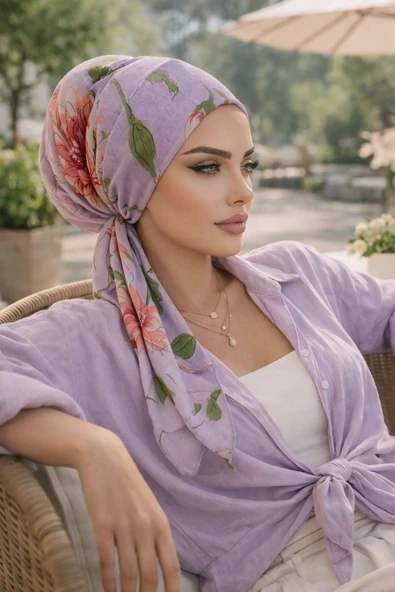 Lila Soft Desen Eşarp Bone ürün görseli 1