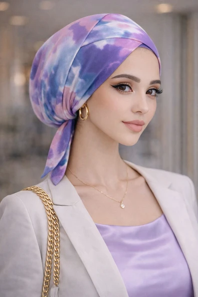 Lila Beyaz Batik Çapraz Bantlı Bone ürün görseli 1