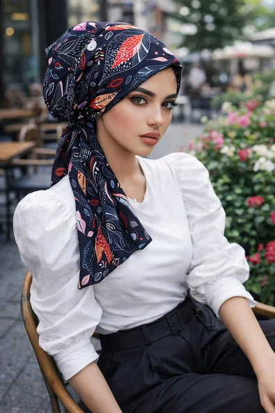 Siyah Yaprak Desen Eşarp Bone - Resim 2