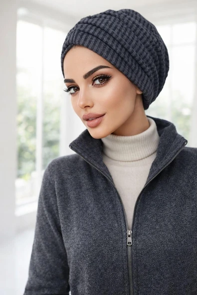 Füme Siyah Çizgili Büzgülü Salaş Bone ürün görseli 1