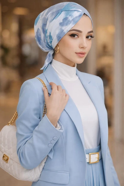 Mavi Beyaz Batik Çapraz Bantlı Bone - Resim 2