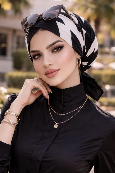 Siyah Beyaz Desen Çapraz Bone ürün görseli 1