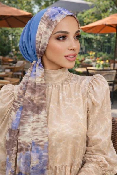 Mavi Bej Batik Desen Eşarp Bone - Resim 2
