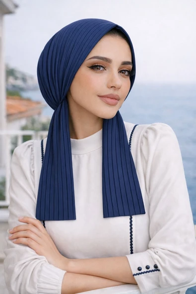 Lacivert Çizgili Eşarp Bone - Resim 2