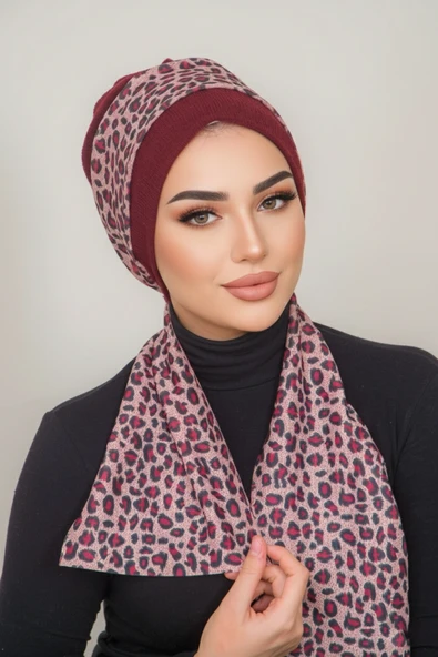 Bordo Leopar Desen Fularlı Bone ürün görseli 1