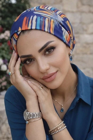 Lacivert Suluboya Desen Çapraz Bone - Resim 2