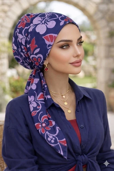 Laci Bordo Çiçek Desen Eşarp Bone ürün görseli 1