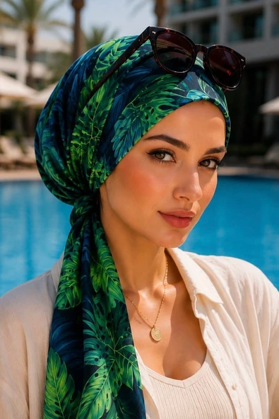 Yeşil Yaprak Desen Eşarp Bone ürün görseli 1