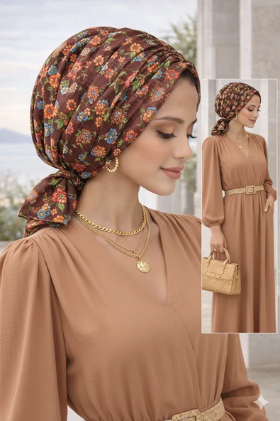 Kahve Çıtır Çiçek Desen Tokalı Bone - Resim 2
