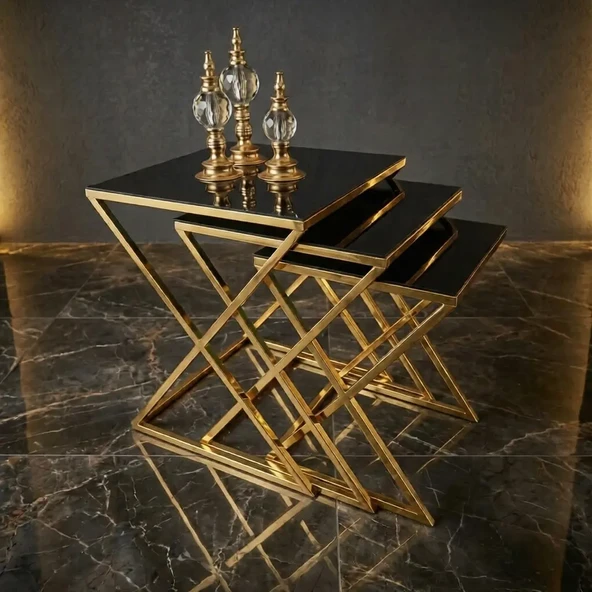 X Model Gold Metal Ayaklı Siyah Camlı 3'lü Zigon Sehpa ürün görseli 1