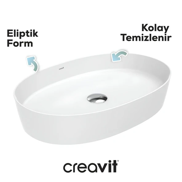 Creavit Loop Oval Tezgâh Üstü Batarya Deliksiz Beyaz Lavabo 70x40 Cm LP170 ürün görseli 1