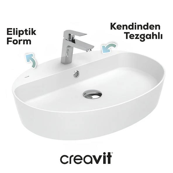 Creavit Loop Oval Tezgâh Üstü Batarya Delikli Beyaz Lavabo 60x45 Cm LP161 ürün görseli 1