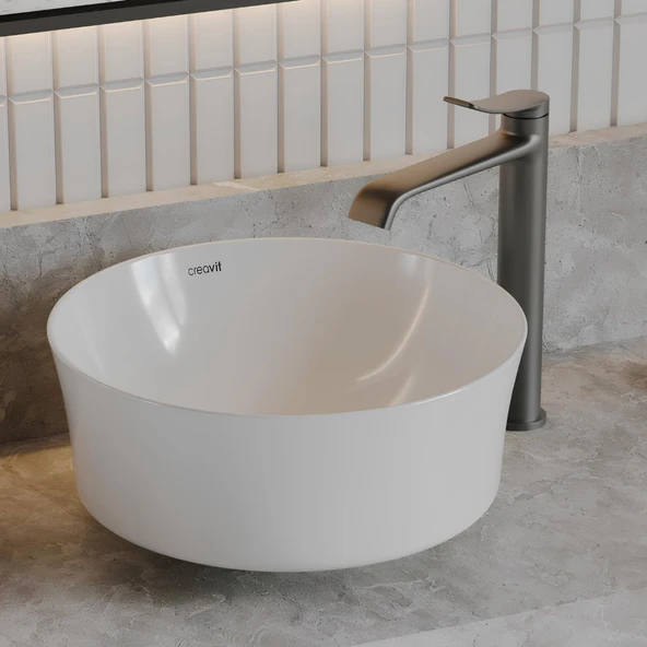 Creavit Fiore Oval Tezgâh Üstü Batarya Deliksiz Beyaz Lavabo 40x40 Cm FI140 ürün görseli 1