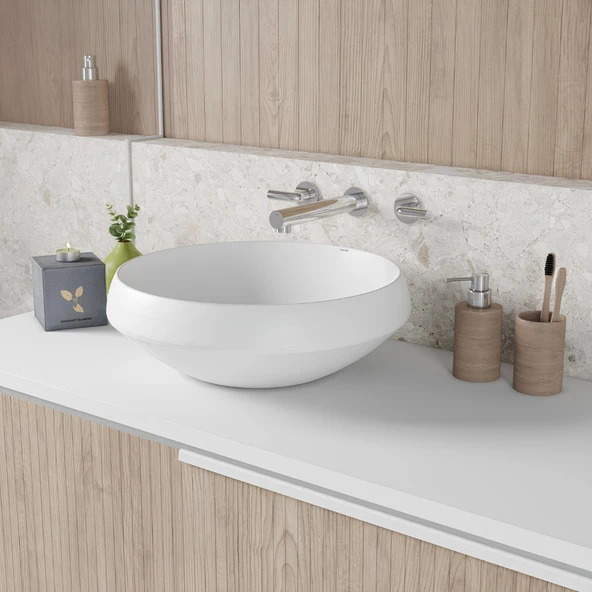 Creavit Deep Oval Tezgâh Üstü Beyaz Batarya Deliksiz Lavabo 45x45 Cm DE045 ürün görseli 1