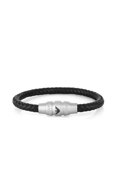 Emporio Armani Siyah Deri ve Çelik Erkek Bileklik ürün görseli 1