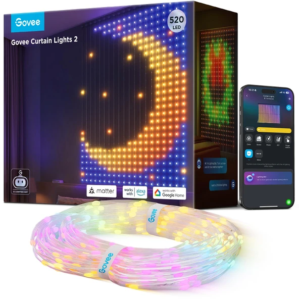Govee Perde Işıkları 2.0, DIY GIF'li Akıllı LED Perde, 520 RGBIC Renk Değiştiren LED Peri Işıkları, Dinamik Dekorasyon, Su Geçirmez, Alexa ile Uyumlu, Noel Dekorasyonu (1,5 x 2 m) ürün görseli 1