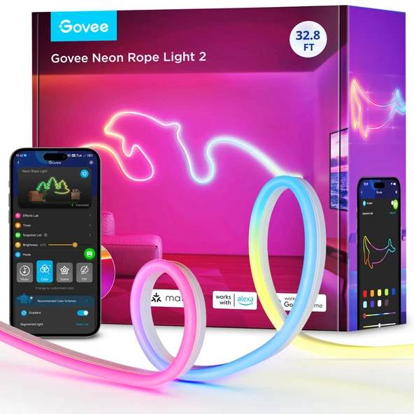 Govee Neon Halat Işık 2, RGBIC Neon LED Şerit 10 m, şekil eşlemeli, DIY tasarımı, SmartThings, Matter, Alexa ve Google Assistant ile uyumlu, yatak odası duvar dekorasyonu için LED şerit, beyaz ürün görseli 1