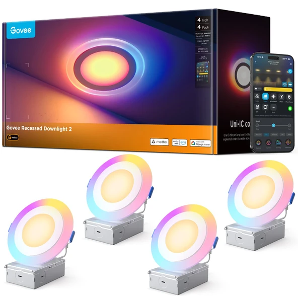 Govee Smart Recessed Aydınlatma 4 inç, RGBIC LED Recessed Light Compitable with Matter and Alexa, 2700K-6500Kaf 900LM Junction Box for Bedroom, 4 Pack ürün görseli 1
