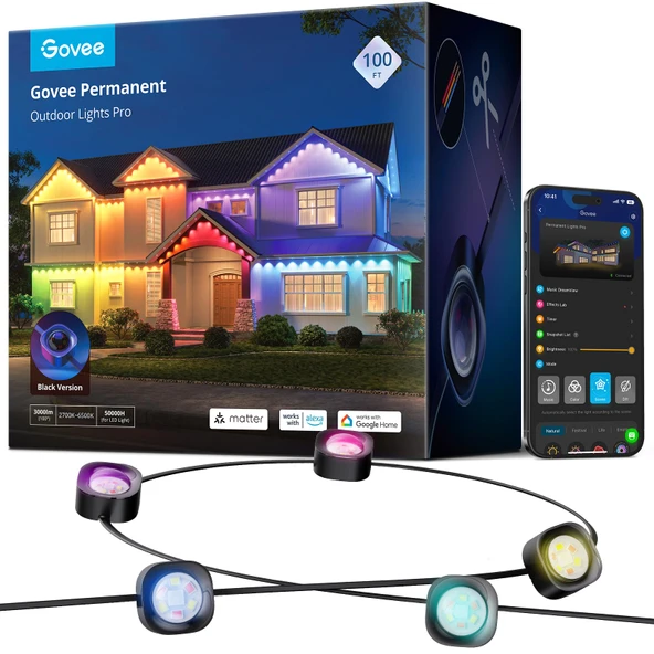 Govee Sürekli Açık Işıklar Pro, Daily ve Accent Aydınlatma için 60 RGBIC LED Işıklar ile 100ft, Açık, IP67 Sular, Alexa ile çalışır, Google Asistan, Madde, Black ürün görseli 1