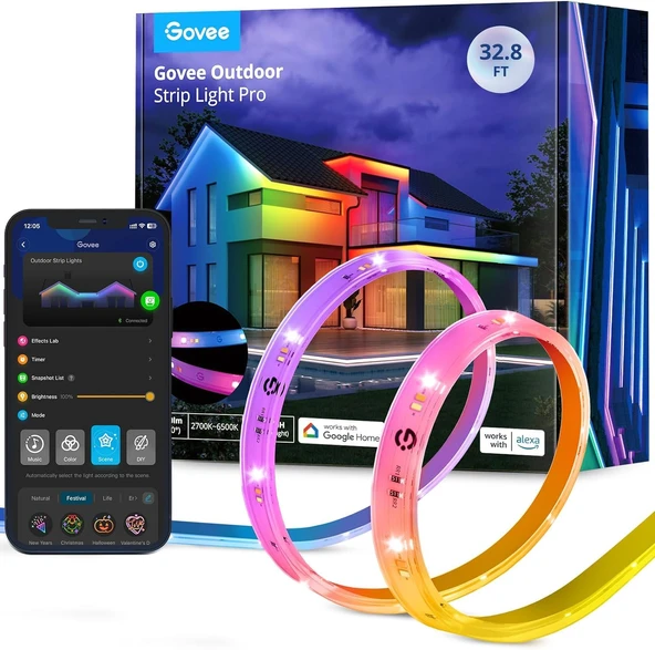 Govee Dış Mekan LED Şerit Pro 10m, sıcak beyaz ve soğuk beyaz ile RGBICWW, IP65 su geçirmez, renk kontrolü DIY, çatı, balkon, bahçe, yüzme havuzu için dış mekan LED şerit ürün görseli 1