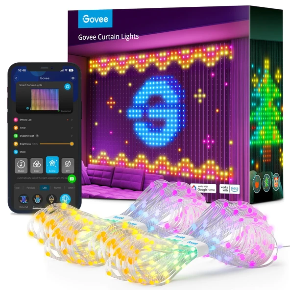 Govee Perde Işıklar, Akıllı LED Pencere Işıklar, RGB Renk Değiştiren Duvar Işığı, Dinamik DIY Perde String Işıklar Oda Tatili, Açık IP65 Sular, 5 x 6.6ft, 520 RGBIC LED ürün görseli 1