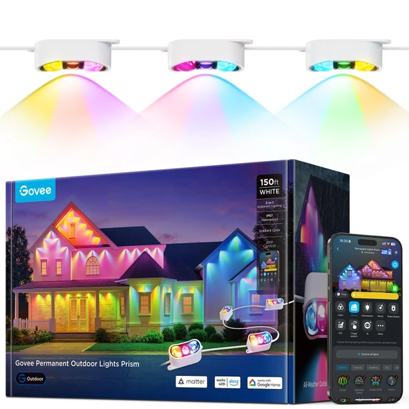 Govee Sürekli Açık Işıklar Prism, 54 Triple-Renk Aydınlatma Heads, 100+ Sahne Modus, Up to 60lm for Outdoor Decor, IP68 Sular, Alexa ile çalışır, Google Asistan & Matter, White ürün görseli 1