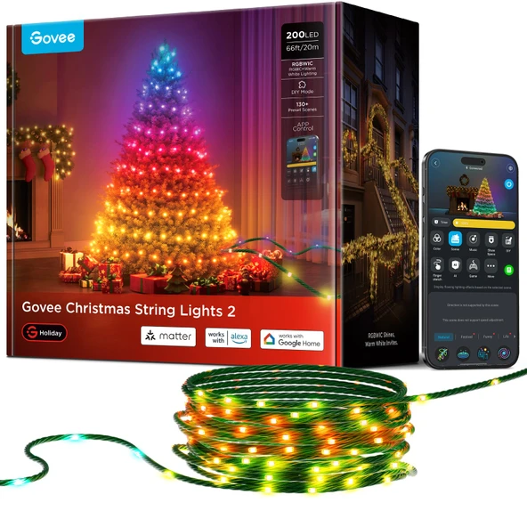 Govee Noel Işıkları, RGBWIC 20M dış mekan Noel aydınlatması, Noel ağacı için 200 LED'li iç mekan peri ışıkları, şekil haritalama, 130'dan fazla sahne modu, AIGC, Alexa ile uyumlu, yeşil kablo ürün görseli 1