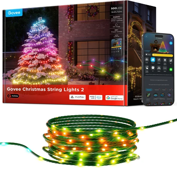 Govee RGBICW Noel Işıkları, 50M Akıllı Peri Işıkları, Noel Ağacı için 500 LED Noel Işıkları, APP Kontrolü, 130+ Sahne Modu, AIGC, Şekil Eşleme, Alexa ile uyumlu, Yeşil Kablo ürün görseli 1