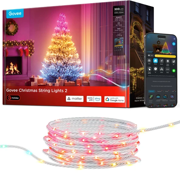 Govee RGBWIC Noel aydınlatması 30 m, Noel ağacı için 300 LED'li dış ve iç mekan Noel ışık zinciri, 130'dan fazla sahne modu, şekil eşleme, uygulama kontrolü, Matter ile uyumlu, şeffaf kablo ürün görseli 1