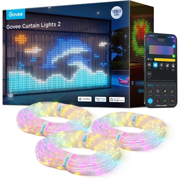 Govee Perde Işıklar 2, Smart LED Perde Işık DIY GIF AIGC, 1560 LEDs, RGBIC ColorChange Holiday Lights for Bedroom Pencere Yeni Yıl Dinamik Dekorasyon, Açık IP65 Sular, 14.8×6.6ft ürün görseli 1