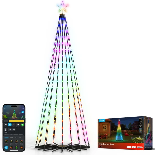 Govee Christmas Cone Tree Lights, 7.5ft 370 LEDs RGBIC Noel Ağacı Işıkları Smart App Control, IP67 Sular Noel Dekorasyonları için Açık Yay Işıklar, 82+ Sahneler, Müzik Sen ürün görseli 1