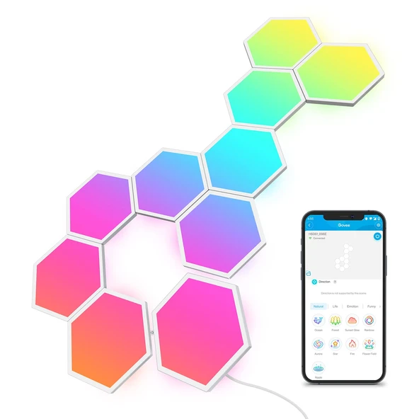 Govee Glide Hexa Light Panel, RGBIC Hexagon LED Duvar Işıkları, Wi-Fi Smart Home Creative Wall Lights with Music Sync, Works with Alexa Google Assistant for Closed Game, 10 Pack ürün görseli 1