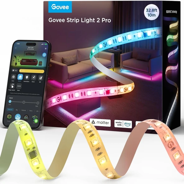 Govee RGBIC 10m LED Şerit Işığı 2 Pro, Matter, Müzik Senkronizasyonlu Akıllı LED Şerit, Uygulama Kontrolü, Renk Değiştirme, Alexa ve Google Assistant ile Çalışır, Ev Yatak Odasına Uygun ürün görseli 1