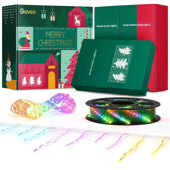 Govee Açık Işıklar Set, Perde Işıklar, String Işıklar ve Icicle Işıklar, Kapalılar ve Açıklar için Ev Dekorasyonu, RGBIC Smart LED Işıklar, Holly-Jolly Christmas Pack 1 Pack Every ürün görseli 1
