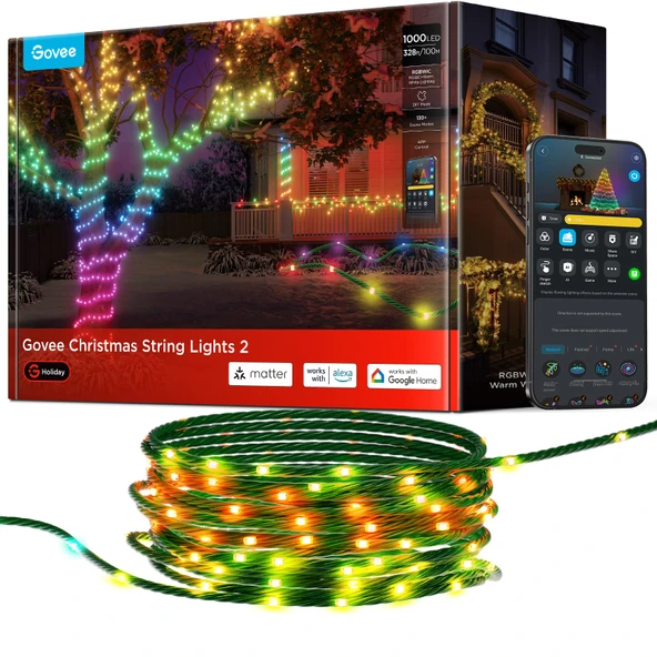 Govee Christmas Lights 2, RGBWIC 328FT 1000LEDs String Lights for Holiday Decor, Smart Kapalı Açık LED Dekorasyon, Şekil Mapping Function, 130+ Sahne Modes, APP Control, Green Wire ürün görseli 1