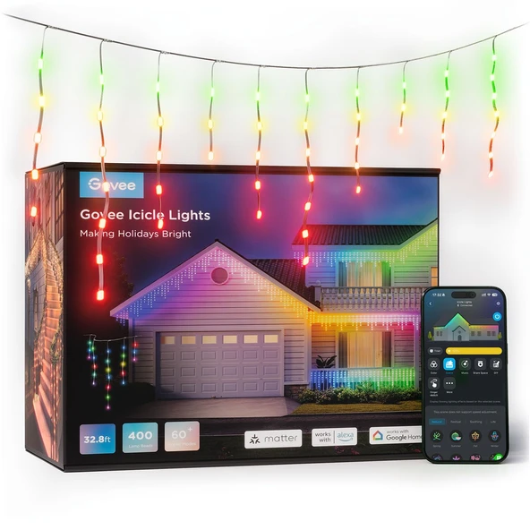 Govee Icicle Peri Işıkları, 10M RGBIC LED Peri Işıkları Dış Mekan, 400 LED Cadılar Bayramı Dekoru için 78+ Modlu Akıllı LED Noel Işıkları, IP65 Su Geçirmez, Alexa ve Google Assistant ile uyumlu ürün görseli 1