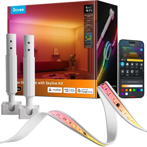 Govee Strip Light with Skyline Kit, 19.7ft Smart LED Strip Işıklar Alexa ile uyumlu, Google Asistan ve Madde, RGBWIC Color Değişen Işık Kanalı, Müzik Sen, Odalar için LED Işıklar, Parti, Parti ürün görseli 1