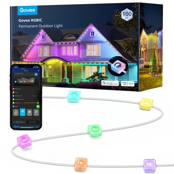 Govee Sürekli Açık Işıklar, Smart RGBIC Outdoor Dekorasyon 75 Sahne Modes ile 100ft, 72 LED Işık, IP67 Açık Dekorasyonlar için Sular, Alexa ile Çalış, Google Asistan, White ürün görseli 1