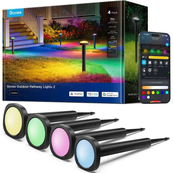 Govee Açık Yol Işıkları 2, IP66 Su ısıtıcısı Veranda Işıklar, 60+ Sahne Modus Yard, Garaj, Bahçe, Yasan, Açık Dekorasyon, Alexa ile Çalış, Google Asistan, Madde, Wired 4 Pack ürün görseli 1
