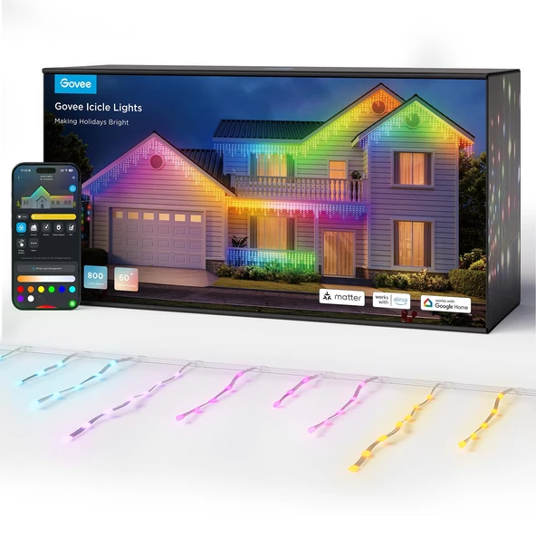Govee Icicle Lights, Smart RGBIC Christmas Icicle Lights 66ft with 800 LEDs, IP65 Water, 78+ Sahne Modus ürün görseli 1
