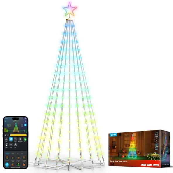 Govee Noel Koni Ağacı Işıkları, 1,82 m 316 LED akıllı uygulama kontrolüne sahip RGBIC peri ışıkları, 82+ sahne modu, Cadılar Bayramı ve Noel için IP67 su geçirmez Noel ağacı koni şekli, beyaz ürün görseli 1