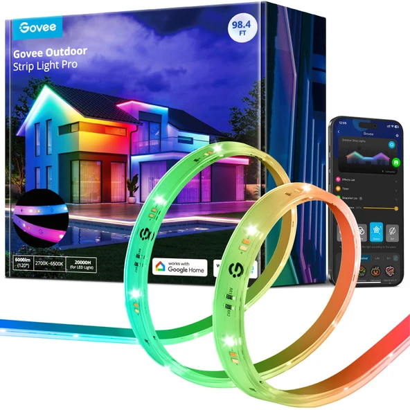 Govee Outdoor LED Strip Işıklar Minimal ve Cold White, 98.4ft 2.4G WiFi Akıllı Açık Işıklar, IP65 Sular, Alexa ve Google Asistan, App Control, For Porch, Patio, Eave, Party ürün görseli 1