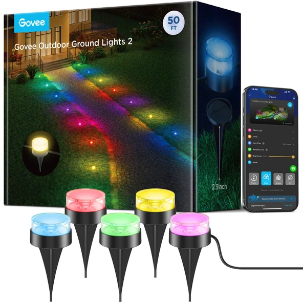 Govee Outdoor Ground Lights 2, 50ft Vera Dekorasyonlar, 15 Pack RGBIC Pathway Lights with 100LM Warm White, IP67 Sular, 63 Sahne Modus, Alexa ile çalışır, Google Asistan ürün görseli 1